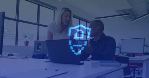 Image of security padlock and data processing over diverse business people in 写真素材