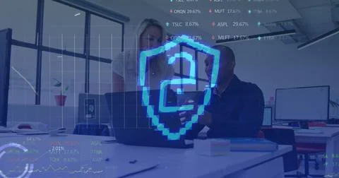 Image of security padlock and data processing over diverse business people in Stock Photos