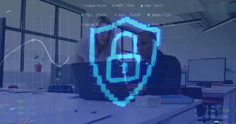Image of security padlock and data processing over diverse business people in Stockfoto's