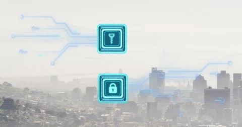 Image of security padlock and key icon with microprocessor connections against Stock Photos