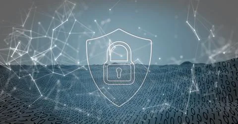 Image of security padlock and network of connections against binary coding over 库存照片