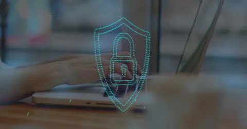 Image of security padlock, data processing over woman using laptop Foto stock