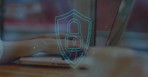 Image of security padlock, data processing over woman using laptop 스톡 사진