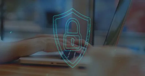 Image of security padlock, data processing over woman using laptop 写真素材