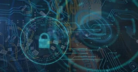 Image of security padlock, data processing and scope with computer circuit board 스톡 사진