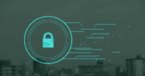 Image of security padlock icon against aerial view of tall buildings Stock Photos