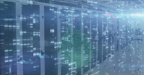Image of security padlock icon against mosaic squares over computer server room Stock Photos