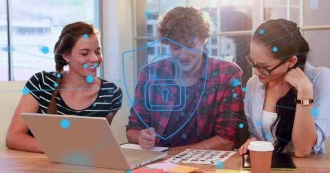Image of security padlock icon against diverse photographers discussing over Stock Photos