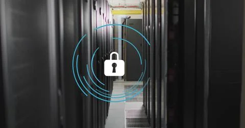 Image of security padlock icon against computer server room Stock Photos