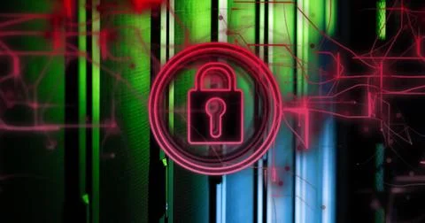Image of security padlock icon and pink light trails against computer server イラスト素材