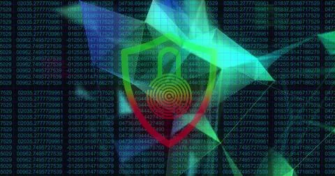 Image of security padlock icon and plexus network against binary coding on blue 스톡 일러스트