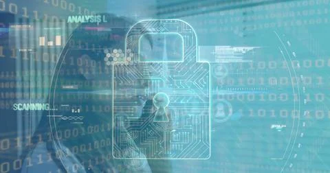Image of security padlock icon and data processing over caucasian woman talking Stock Photos