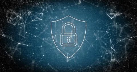 Image of security padlock icon and network of connections against blue back.. Stock Photos