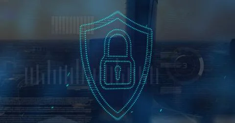 Image of security padlock icon and screens with data processing over aerial.. Foto stock