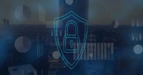 Image of security padlock icon and screens with data processing over aerial.. 写真素材