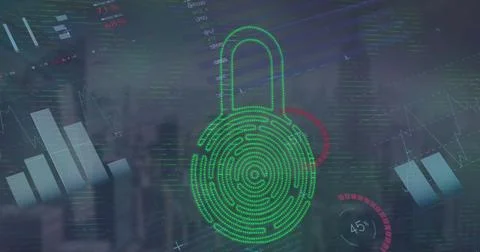 Image of security padlock icon and screens with data processing over aerial.. 写真素材