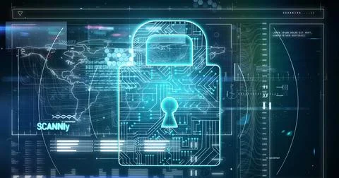 Image of security padlock icon and interface with data processing against b.. 스톡 사진
