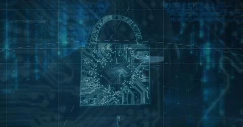 Image of security padlock icon and data processing over male hacker using l.. Stock Photos