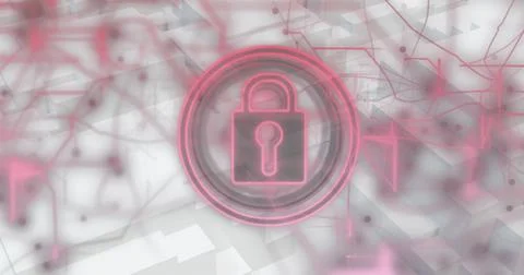 Image of security padlock icon and light trails against 3d concentric shapes Foto stock