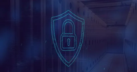 Image of security padlock icon and light spot against computer server room Stock Photos