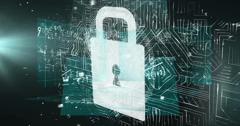 Image of security padlock icon and microprocessor connections against data .. 스톡 사진