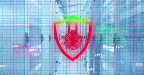 Image of security padlock icon and data processing against computer server room Foto stock