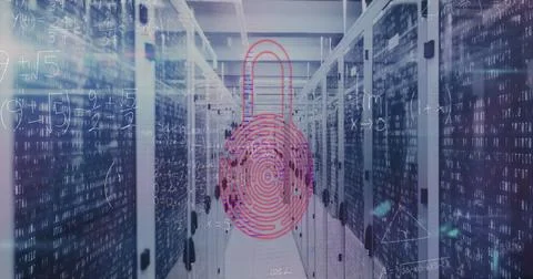 Image of security padlock icon and mathematical equations against computer Stock Photos