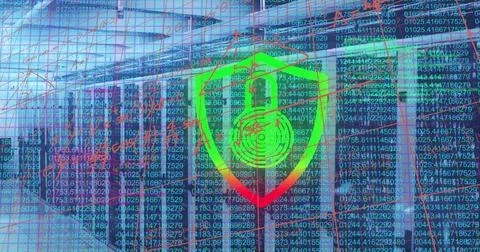 Image of security padlock icon and data processing against computer server room Stock Photos
