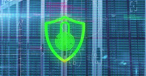 Image of security padlock icon and mathematical equations against computer Stock Photos