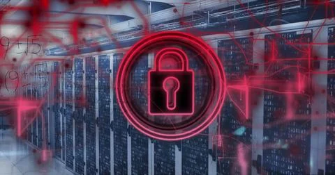 Image of security padlock icon and mathematical equations against computer Stock Photos