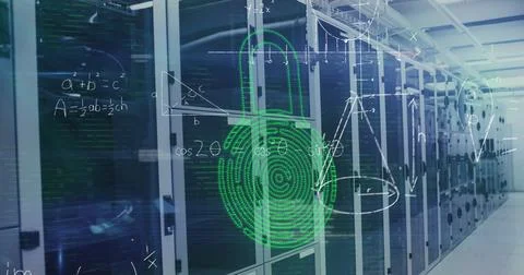 Image of security padlock icon and mathematical equations against computer Foto stock