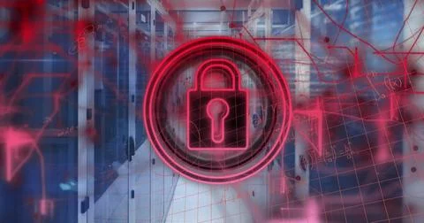 Image of security padlock icon and mathematical equations against computer 写真素材