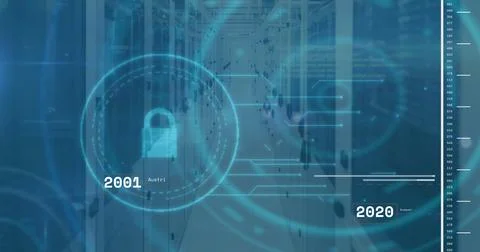 Image of security padlock icon and data processing against computer server room Stock Photos