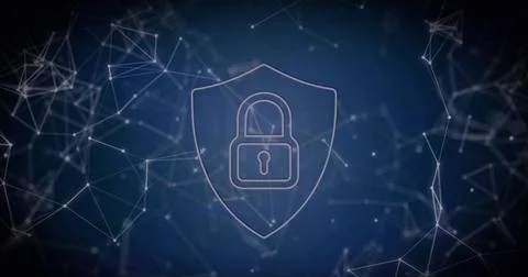 Image of security padlock icon and network of connections against blue 스톡 사진