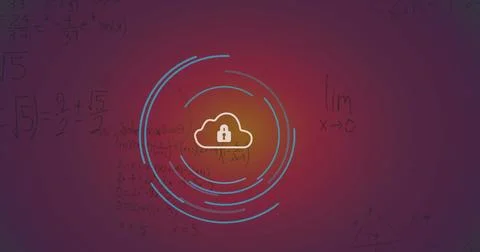 Image of security padlock icon and mathematical equations against purple 写真素材