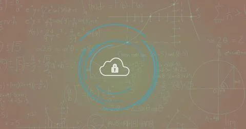 Image of security padlock icon and mathematical equations against purple 写真素材