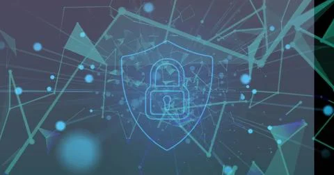 Image of security padlock icon and plexus networks floating against purple Foto stock