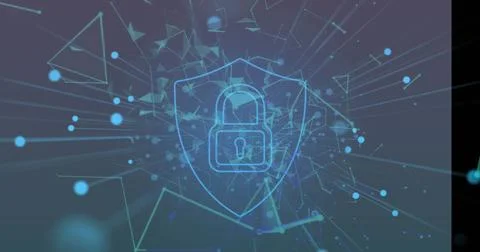 Image of security padlock icon and plexus networks floating against purple Stock Photos