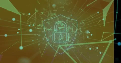 Image of security padlock icon and plexus networks floating against grey Foto stock