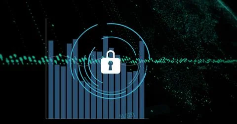 Image of security padlock icon and statistical data processing against black Stock Photos
