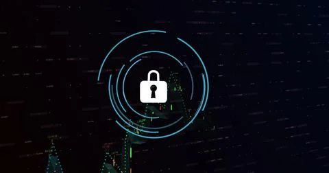 Image of security padlock icon and financial data processing against black Stockfoto's