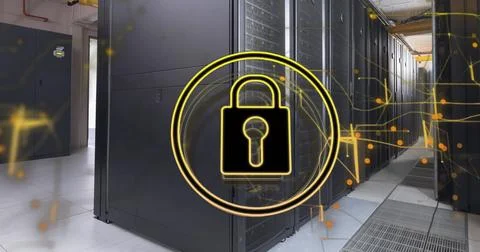 Image of security padlock icon and light trails against computer server room Stock Photos