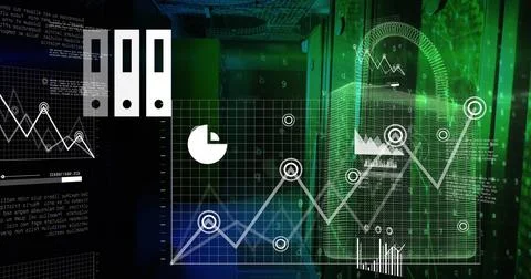 Image of security padlock icon and data processing against computer server room Foto stock