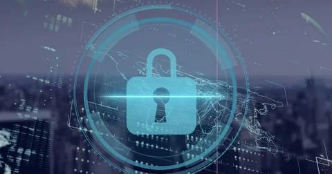 Image of security padlock icon and interface with data processing against 스톡 사진