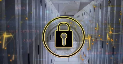 Image of security padlock icon and cyber security data processing against Stock Photos