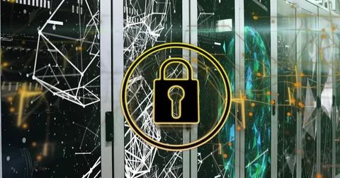 Image of security padlock icon and globe of plexus networks against compute.. Stock Photos