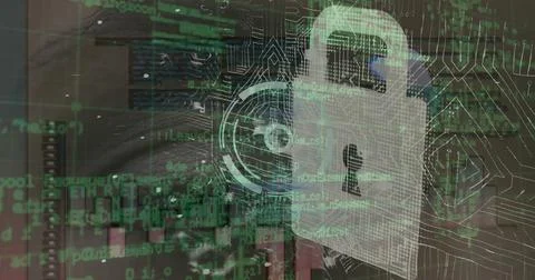 Image of security padlock icon and microprocessor connections over close up of a 写真素材