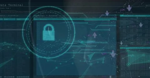 Image of security padlock icon and data processing over close up of male hacker 스톡 사진