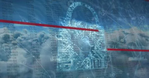 Image of security padlock icon and network of connections against clouds in the 写真素材