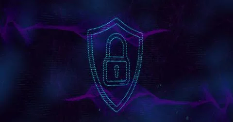 Image of security padlock icon, light spot and purple digital waves against Stock Photos